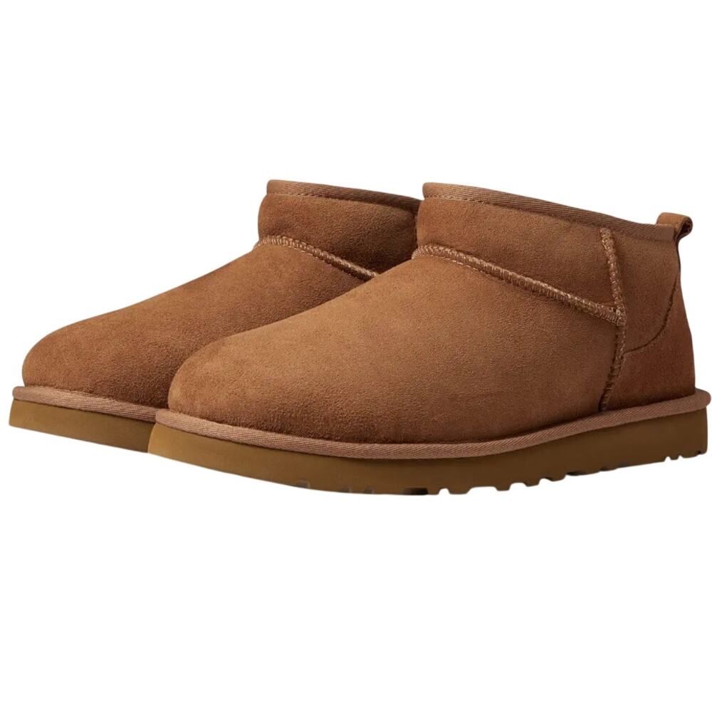 UGG Mens Classic Ultra Mini Boots Size 9 EU 42 Tan Chestnut Suede Fur Lining NIB